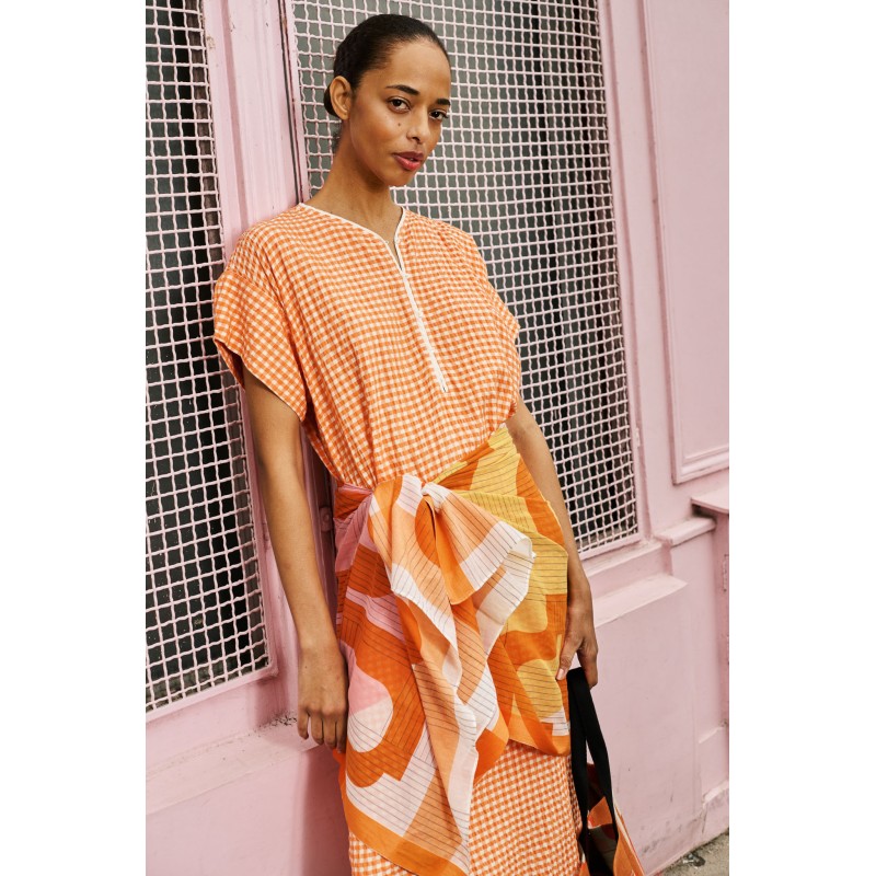 Robe longue manches courtes à carreaux-orange/Mapoésie